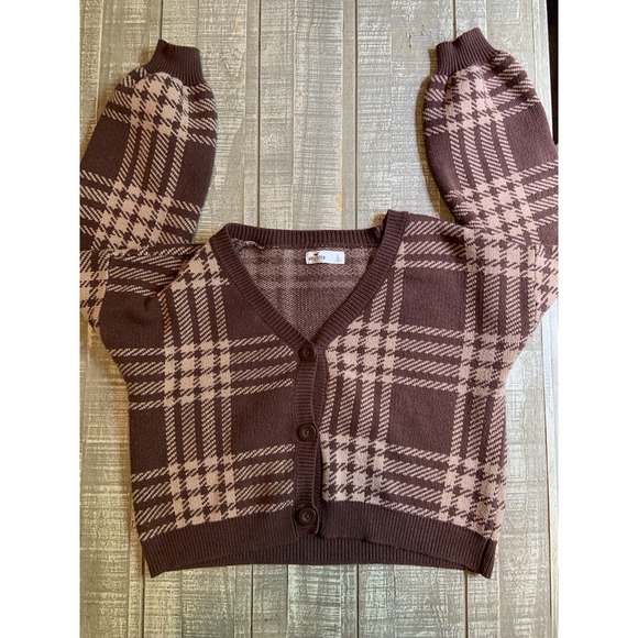 Hollister Sweaters - Hollister Brown Plaid Cropped Cardigan Sweater Large V-Neck Button Up Women's